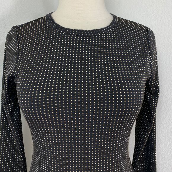 Michael Michael Kors Black Gold Studded Dress XS Drop Waist Flounces 3/4 Sleeves - Picture 2 of 13